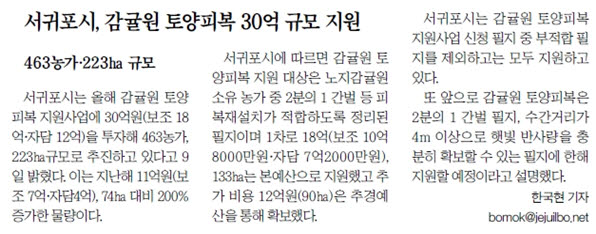 서귀포시 감귤원 토양피복 30억 규모 지원(제주일보 2017.07.10)